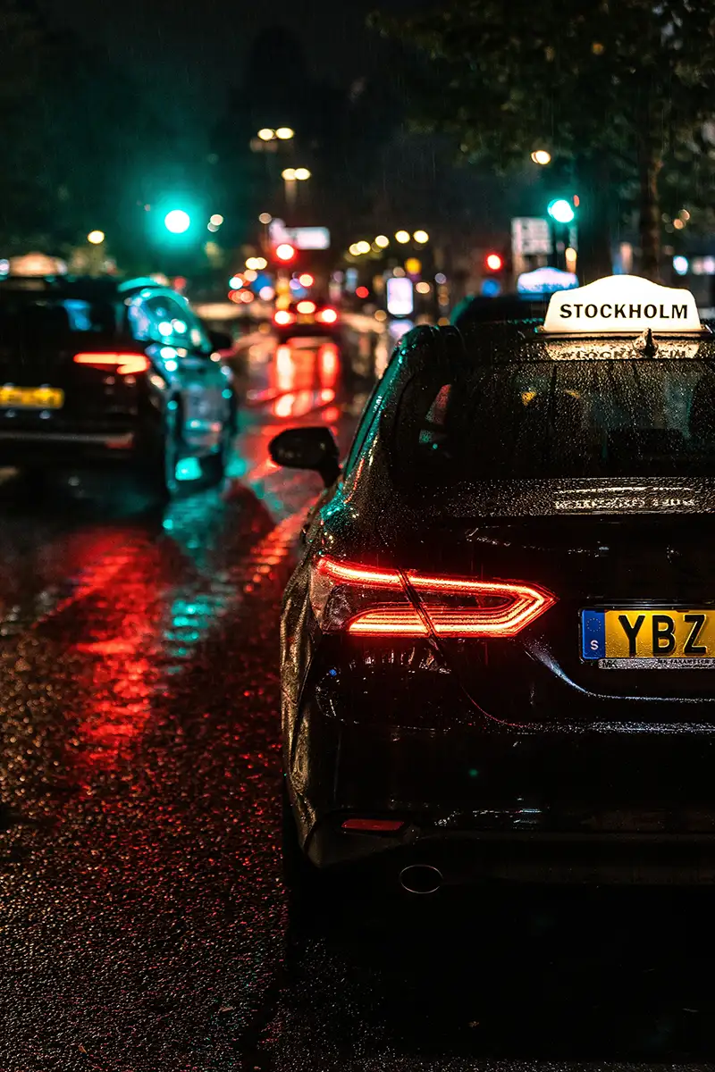 En mellomstor sportslimousin Taxi parkert på en gate om natten. Scenen inkluderer bylys i bakgrunnen.